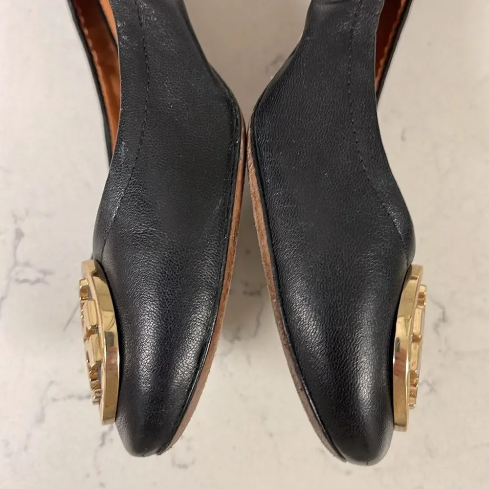 Tory Burch Benton 2 Nappa Leather Shoes Size 6.5 Black Leather Ballet Style